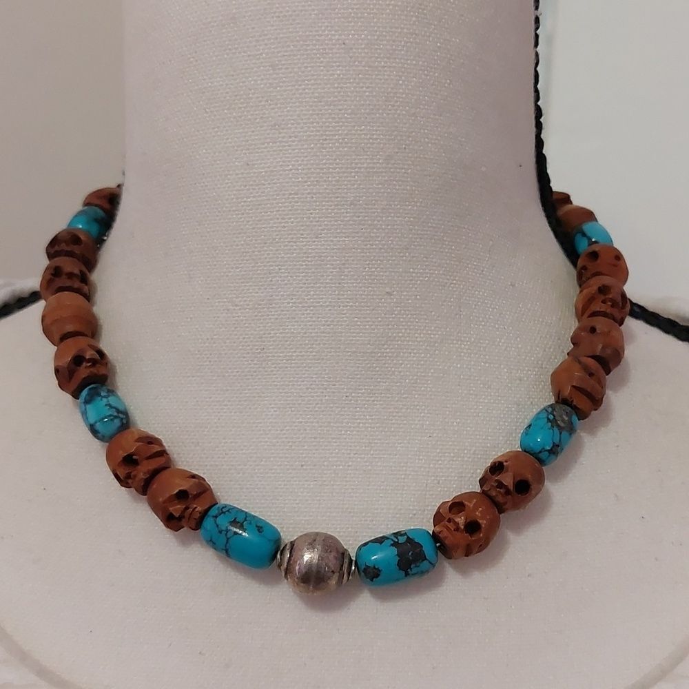 Natural Blue Turquoise Skull Carved Wood Beads Toggle Choker Necklace Artisan